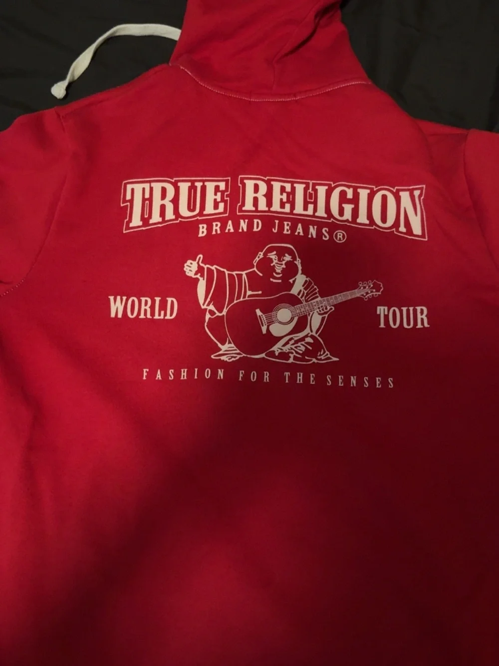 True Religion Red Full-Zip Hoodie with White Drawstrings